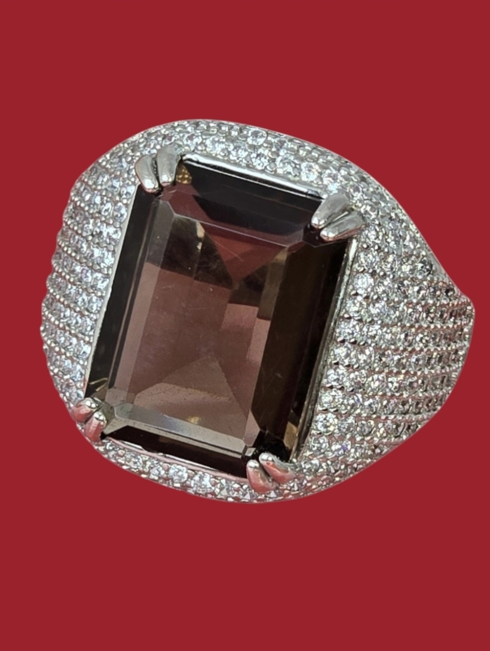 925 Sterling Silver Ring Sz 7 with Natural Smoky Quartz Gem 13x16mm & CZ